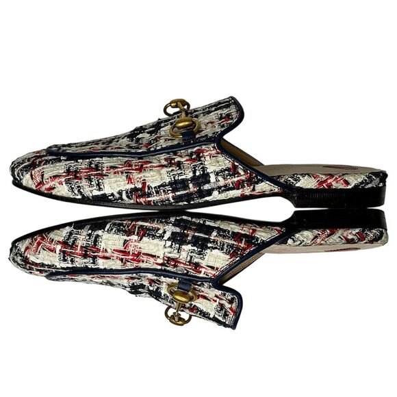 Gucci Princetown Tweed Horsebit Mules Navy Blue Red Logo Loafers EU 36 US 6 - Picture 3 of 8